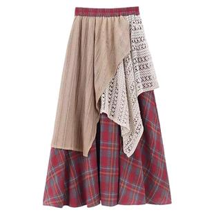 大理洱海度假风不规则长裙女春季新款复古拼接格纹高腰显瘦半身裙