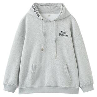 快鱼重磅宽松落肩卫衣女2026年春新款字母刺绣散粉显瘦慵懒风上衣