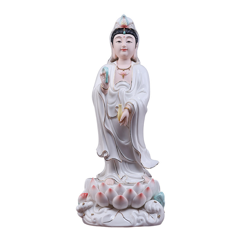 戴玉堂陶瓷立荷观音菩萨家用佛像供奉摆件观世音菩萨客厅桌面装饰