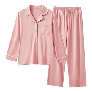 Italai/意大莱纯棉家居服春夏翻领开衫男女长袖长裤薄款套装睡衣