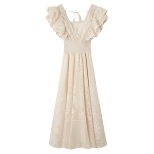 SNIDEL2025秋冬新品优雅蕾丝钩花荷叶边小飞袖连衣裙SWFO254146