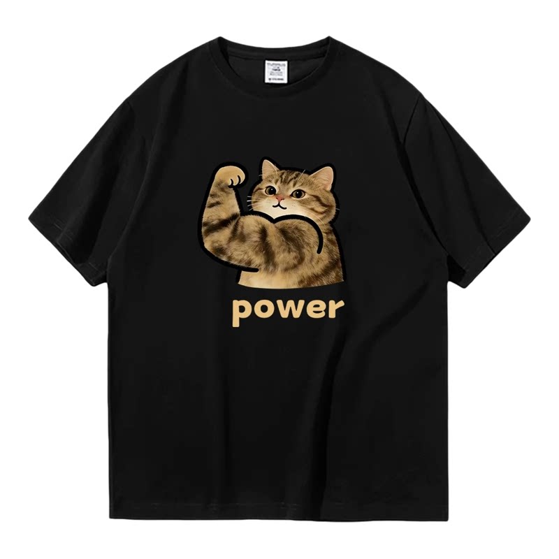 猫咪秀肌肉 夏季趣味短袖T恤男女宽松健身运动半袖t恤定制衣服潮