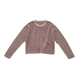 复述羊毛红白条纹圆领短款长袖上衣女早秋休闲百搭慵懒打底衫
