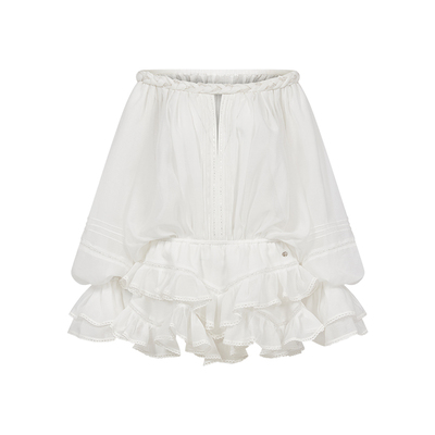 Sheer Luck Venier 设计感多层次雪纺印花一字肩露肩长袖裤裙女