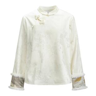 莨西子新中式国风桑蚕丝长袖打底衬衫女秋冬水貂毛袖口拼接上衣