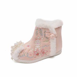 女童汉服鞋冬季古装唐装宝宝加绒儿童绣花鞋靴子加厚红色布鞋棉鞋