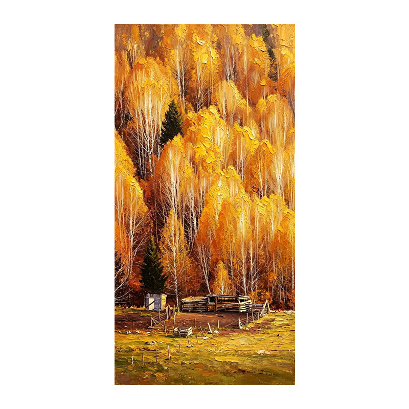 可班手绘油画田园秋景肌理感壁画