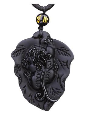 天然黑曜石叶子款招财貔貅吊坠男女皮丘情侣项链貔貅挂件水晶挂坠