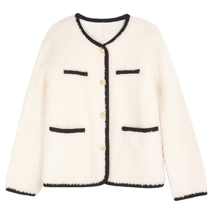 三彩女装2025冬季新款羊毛剪花肌理感皮草外套香风圆领宽松女M