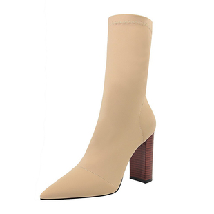 ins网红瘦瘦中筒靴高跟粗跟弹力布大码41-43尖头短靴2025秋冬单靴