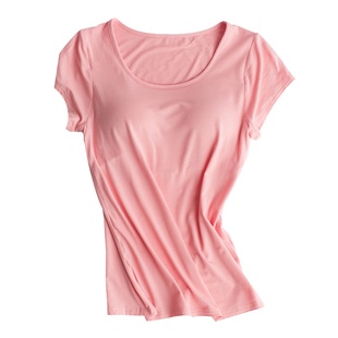 莫代尔带胸垫短袖T恤女免文胸半袖罩杯一体打底上衣睡衣家居服夏