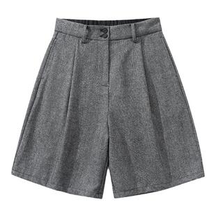 The fewfew「Billie」黑白色织麻点松紧后腰百慕大羊毛中裤短裤