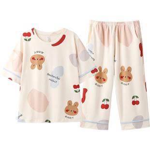 芬腾睡衣女士夏季纯棉薄款短袖七分裤大码夏天女款甜美家居服套装