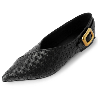 头层牛皮马毛气质平底尖头鞋女2025年新款搭扣浅口法式豹纹单鞋女