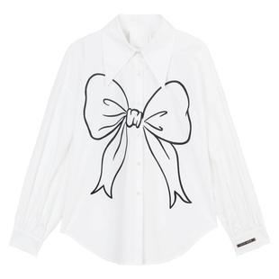 KEIKO 高智感蝴蝶结印花廓形衬衫女2026春季法式小资白色尖领上衣