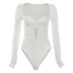 怪诞女孩 纯欲辣妹蕾丝镂空方领长袖连体衣女 性感修身打底衫上衣