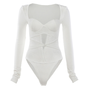 怪诞女孩 纯欲辣妹蕾丝镂空方领长袖连体衣女 性感修身打底衫上衣