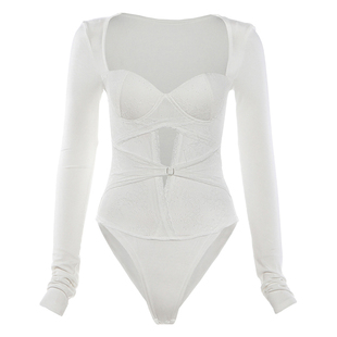 怪诞女孩 纯欲辣妹蕾丝镂空方领长袖连体衣女 性感修身打底衫上衣