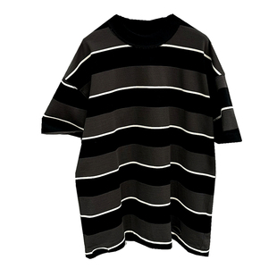日系休闲撞色条纹短袖T恤男潮牌磨破宽松落肩纯棉高品质半袖t恤衫