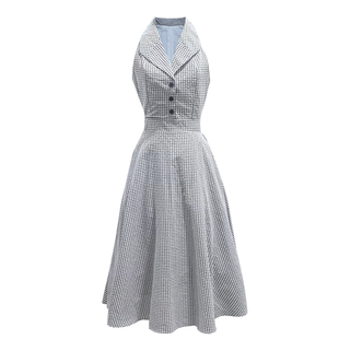 juju法式无袖连衣裙显瘦大摆复古黑白格子港风气质优雅裙子女夏季