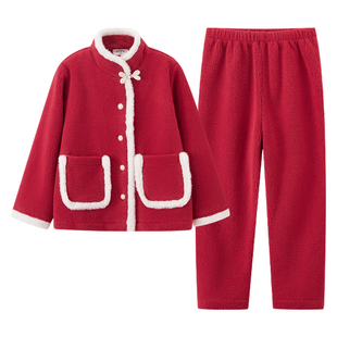 千线艺【厚暖棉感绒】女童睡衣圣诞新年本命年红色珊瑚绒家居服冬