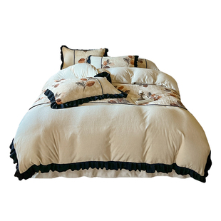 法式中古风花卉牛奶绒四件套公主风荷叶花边被套冬季保暖床笠床单