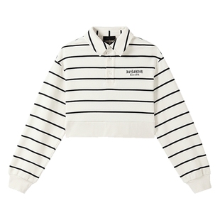 BOYLONDON时尚简约春季短款短款宽松休闲POLO领条纹女卫衣W03009