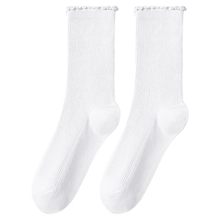 堆堆袜子女春秋款纯棉中筒木耳花边双针黑色无骨女士配乐福小皮鞋