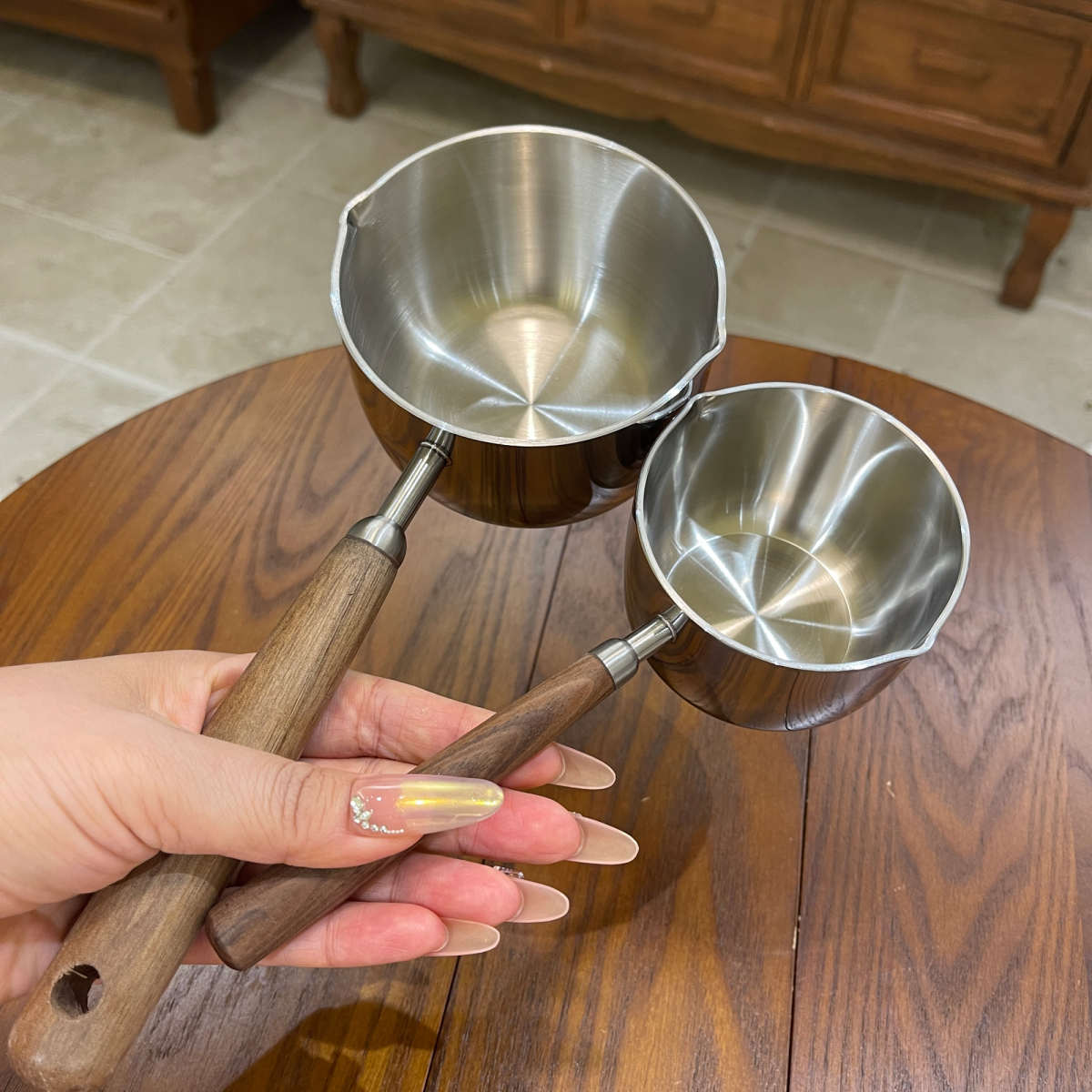 316不锈钢迷你胡桃木泼油锅烧油304浇油热油小锅专用淋油小锅煎锅