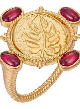 MONSECRET 2026春季新款翻转古币戒指红色宝石镶嵌复古轻奢戒指