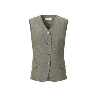 VGRASS维格娜丝夏季新款爱尔兰亚麻复古V领单排扣收腰女士马甲