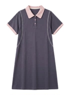 a02撞色polo领中长款短袖t恤连衣裙女夏2026新款宽松日常运动过膝