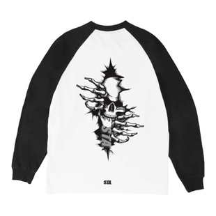 STA SR秋季国潮限定款STA浮现头骨插肩圆领长袖T恤纯棉美式打底衫