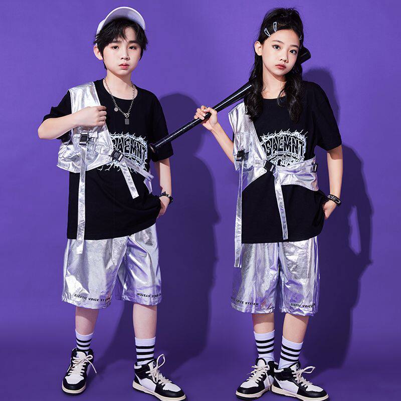 街舞儿童潮服嘻哈爵士舞演出服男童套装hiphop架子鼓银色幼儿服装