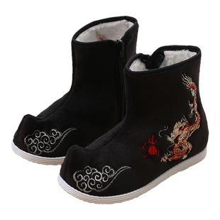 男童汉服鞋加绒短靴中国风表演出老北京布鞋冬汉服靴子儿童拜年鞋