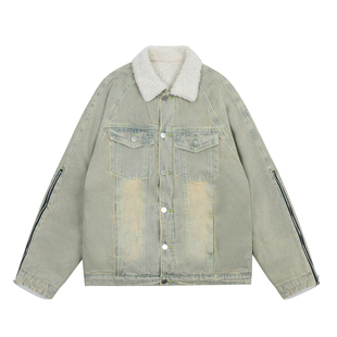 F383 2022AW国潮原创复古羊羔毛牛仔外套男女秋冬加厚拉链棉服ins