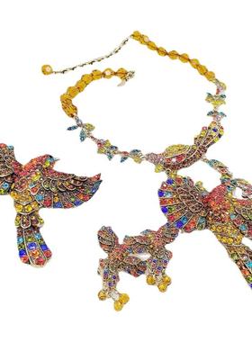 HD98欧美复古风夸张色彩感打标镀金蜂鸟吊坠精美满钻耳饰镶钻项链