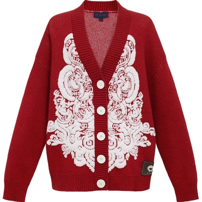 雅莹羊毛提花红色v领针织开衫