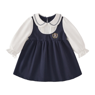 女童学院风连衣裙小宝宝假两件裙子女孩公主时髦儿童长袖裙子春秋