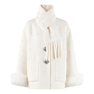 MISSCOCOON可可尼V领狐狸毛外套女2025秋冬新款千金感绵羊毛大衣