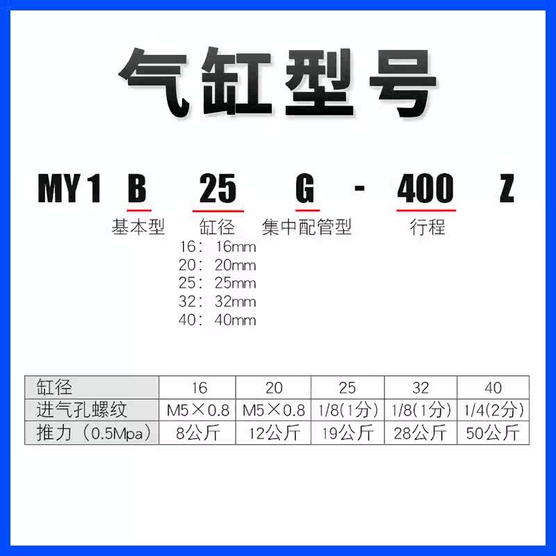 机械式无杆气缸MY1B16G/20/25/40/50/63*300H×600Z长行程带导轨
