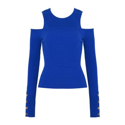 DPLAY2025年秋季新款蓝色针织衫女长袖假两件露肩设计打底衫上衣