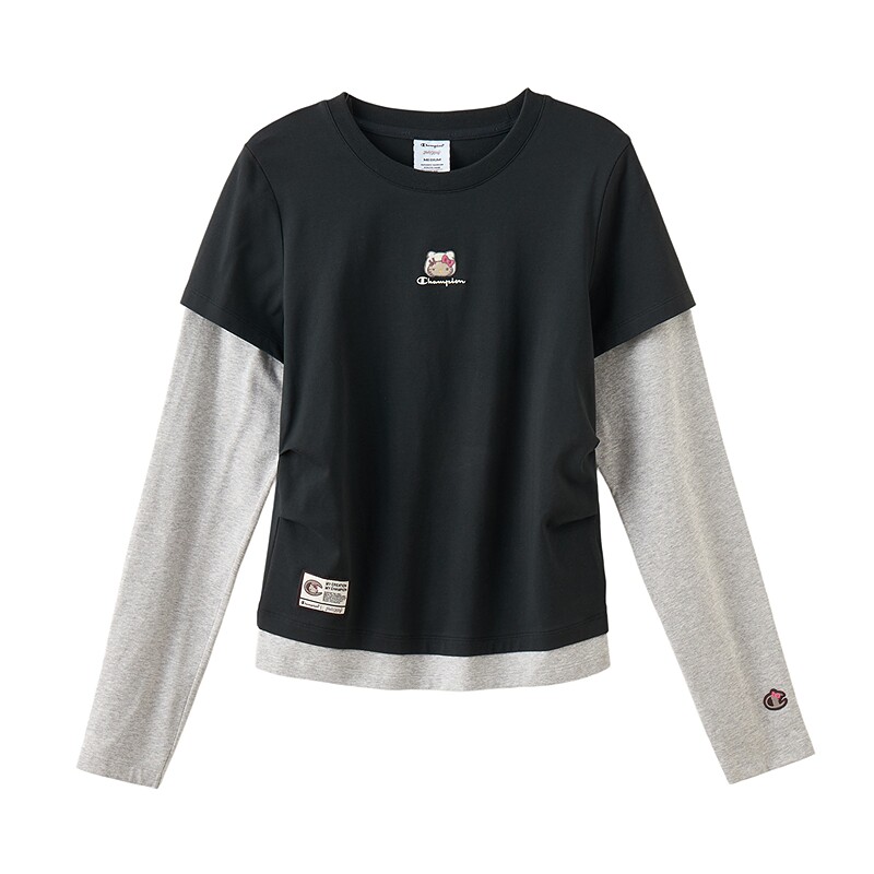Champion X Hello Kitty联名冠军假两件长袖T恤女休闲圆领打底衫