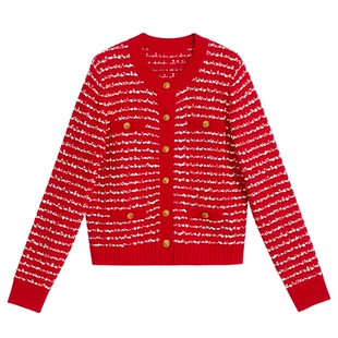 【中国红】YINER音儿专选2025春季新款时尚亮丝间色针织开衫