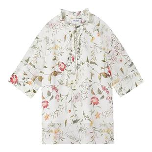 朗姿真丝印花系带荷叶领衬衫女士度假桑蚕丝上衣2025年夏季新款