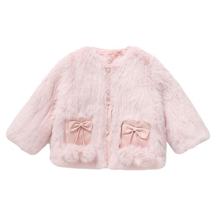 女童外套2025新款加厚夹棉仿皮草上衣冬季气质高级感粉色毛毛衣潮