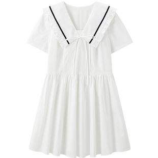 乐町海军风大翻领连衣裙女装2026年夏季新款撞色木耳领边短袖裙子