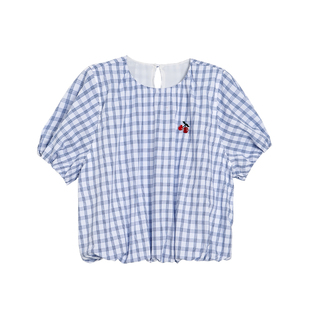 livheart kids 女童小衫蓝白格短袖衬衫2026夏纯棉短袖娃娃衫儿童