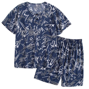 青少年男士夏棉绸宽松薄款睡衣短袖短裤圆领套装人造棉绵绸家居服
