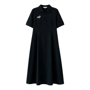 夏季加大码女装胖mm显瘦遮肚法式刺绣小马POLO领连衣裙a字T恤长裙